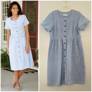 The Vermont Country Store Seersucker Dress Large Blue Cotton Cottagecore Modest